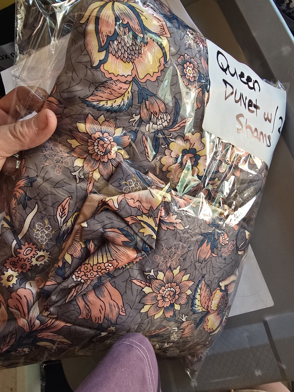 Floral Queen Duvet Cover Set in Gray and Peach - Silky